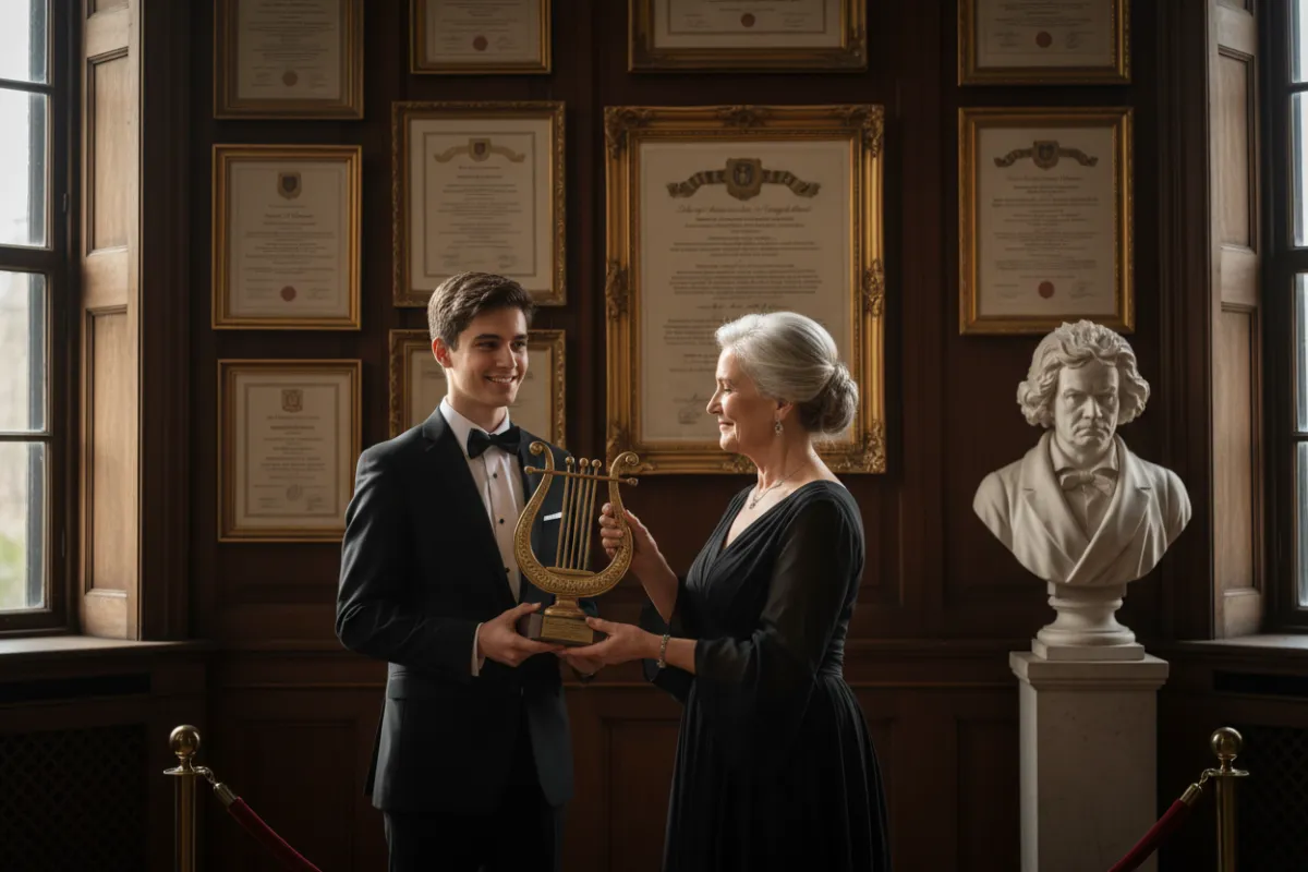 An adult student in formal attire receives a gold-embossed music award from a mentor in a stately room. The background features framed certificates and a classical bust, highlighting achievement and recognition.