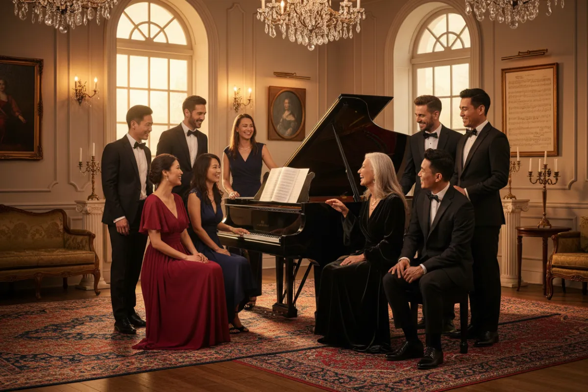 A diverse group of adult students, dressed elegantly, gather around a grand piano in a warmly lit studio. They smile and converse with a mentor, exuding excitement and anticipation for their musical journey in a luxurious setting.