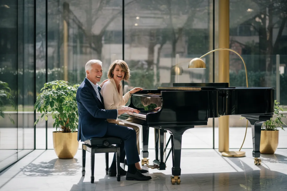 A mid-aged woman and her mentor share a moment of laughter during a piano lesson in a sleek, glass-walled studio. The room is filled with natural light, gold accents, and a sense of encouragement and joy.