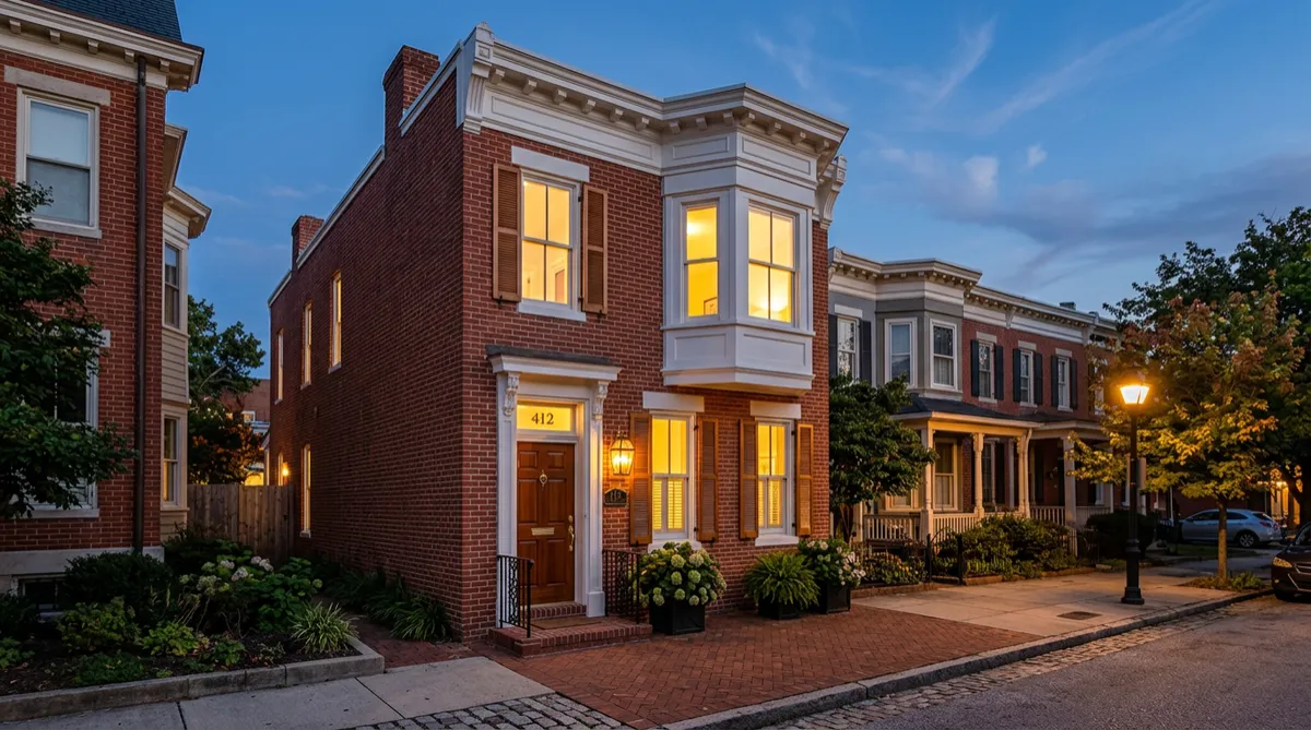 Exterior of a beautifully renovated Baltimore home illuminated at dusk with warm interior lighting
