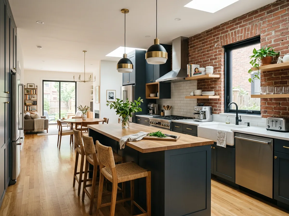 Photo of an open connected kitchen.