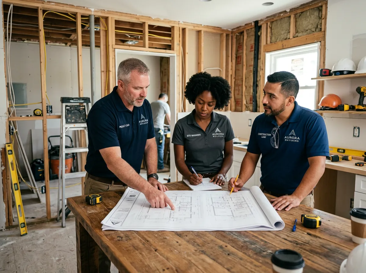 Three individuals casually dressed, standing around a kitchen island covered in architectural blueprints, engaged in a conversation.