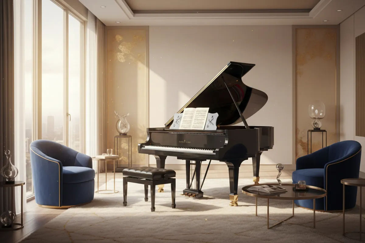 A grand piano in a sunlit, modern music studio with gold-accented decor, plush seating, and sheet music on the stand. The setting exudes sophistication and warmth, inviting adults of all ages to imagine themselves learning in this elegant, inspiring environment.