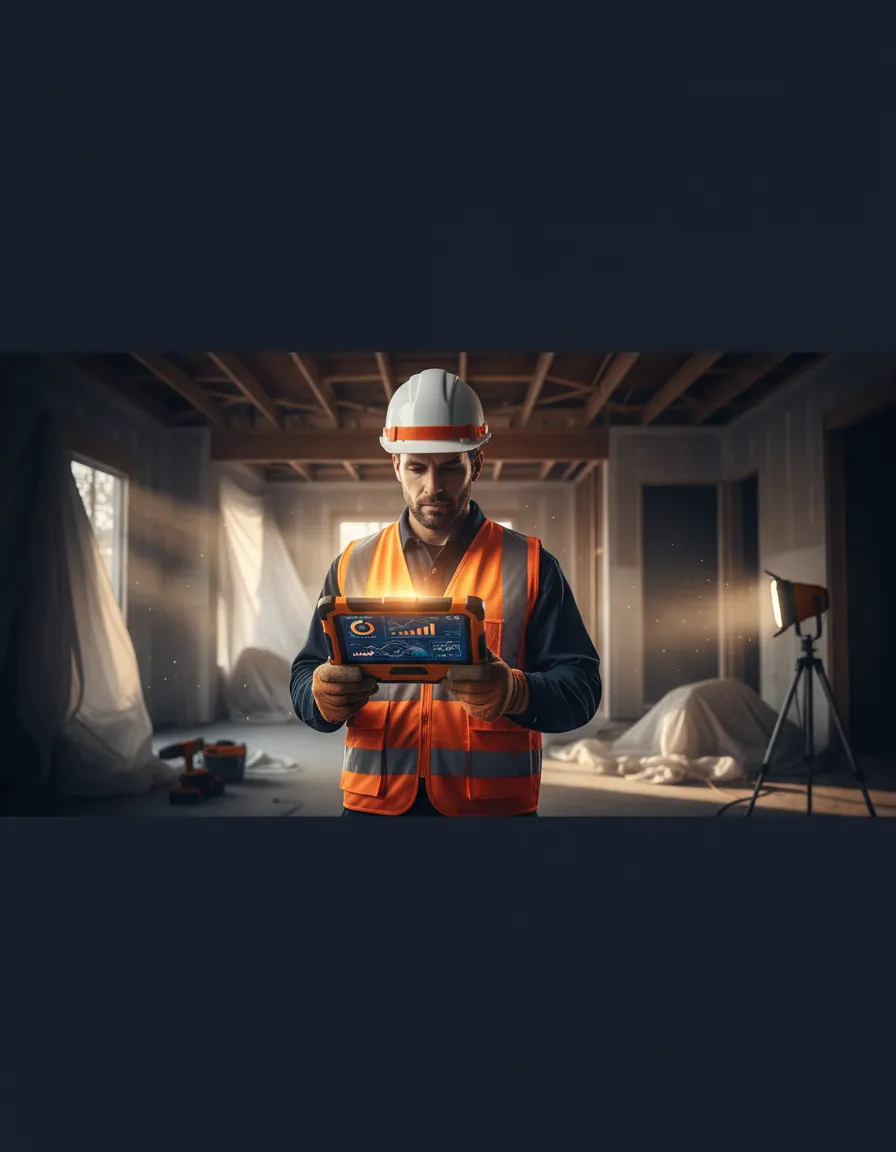 Contractor reviewing campaign performance data on a tablet on-site