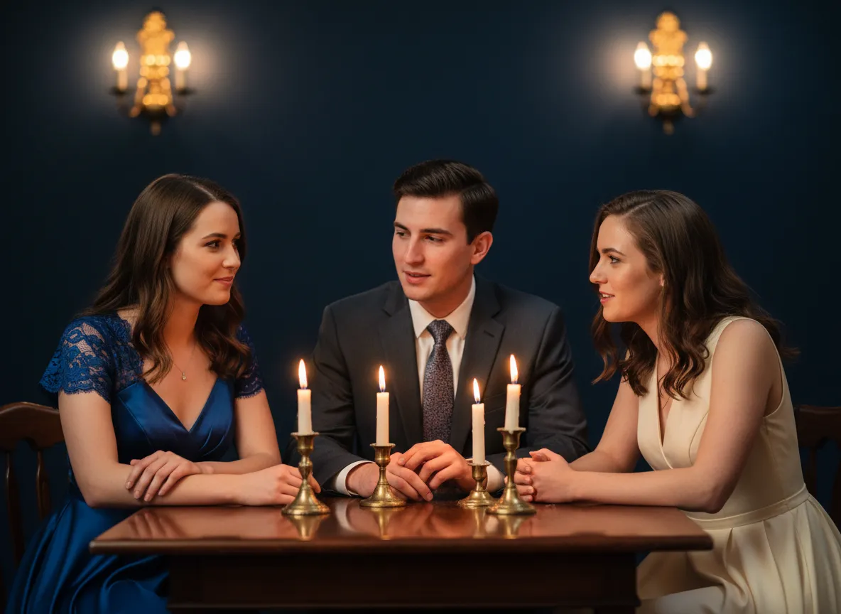Young adults in formal attire in serious conversation around a candlelit table