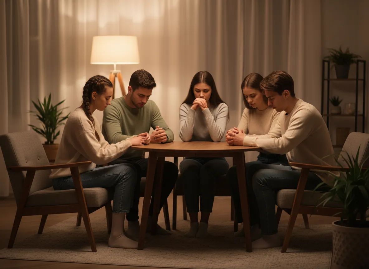 Young adults in small group prayer