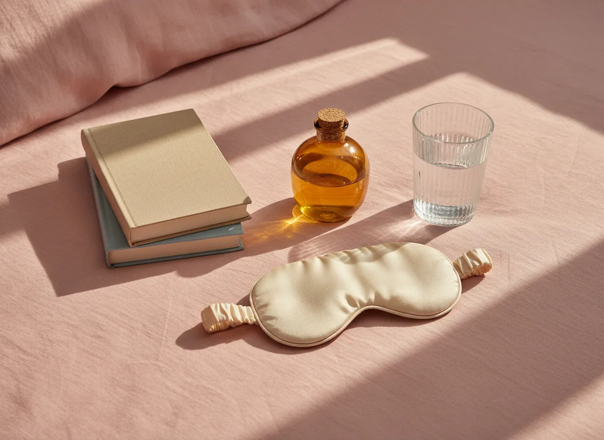 Flat-lay of sleep supplements and eye mask on pastel sheets