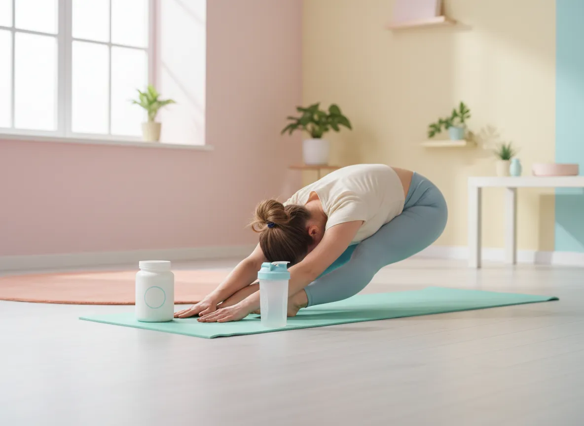 Pastel scene of woman stretching with supplement bottle nearby