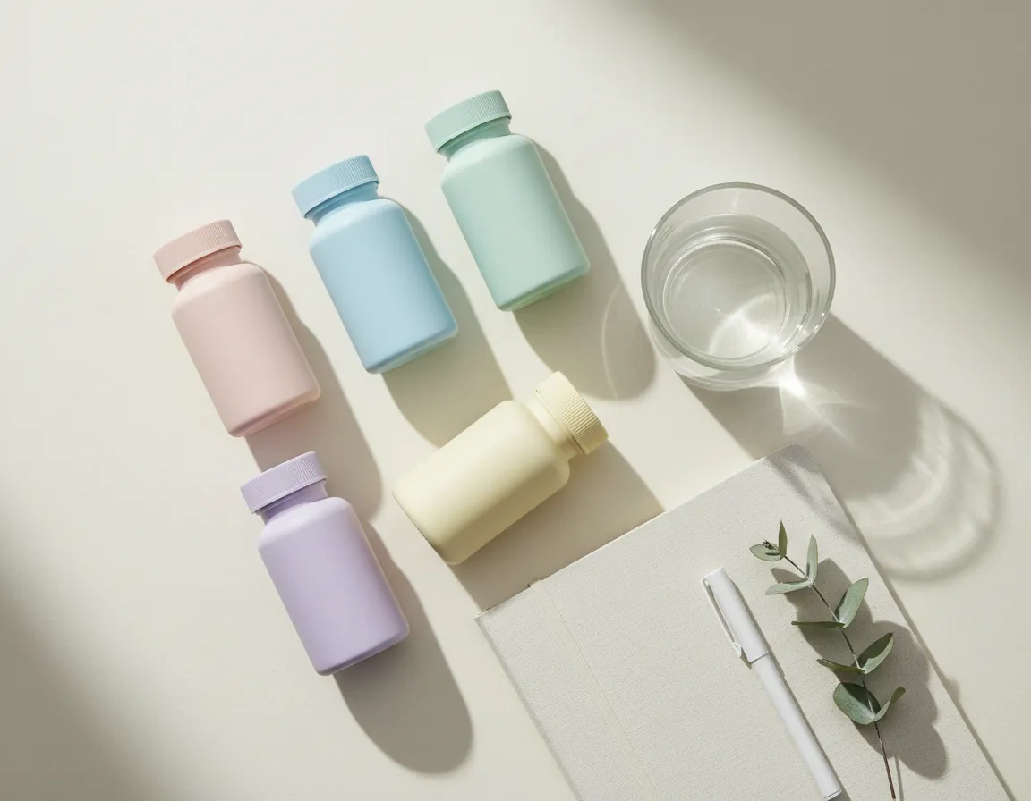 Calm pastel flat-lay of health supplements, water glass and journal