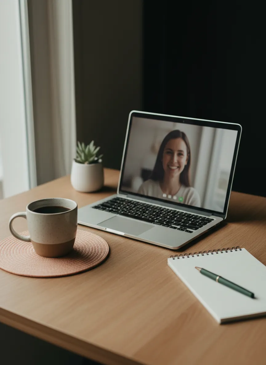 Computer portatile e tazza di caffè, simbolo di una consulenza nutrizionale online comoda e rassicurante da casa