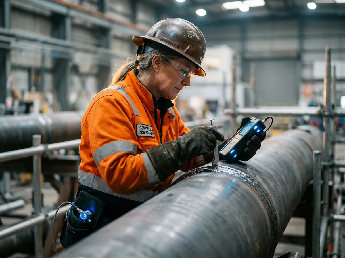 Certified Welding Inspector auditing ASME code compliant pipeline weld documentation on site