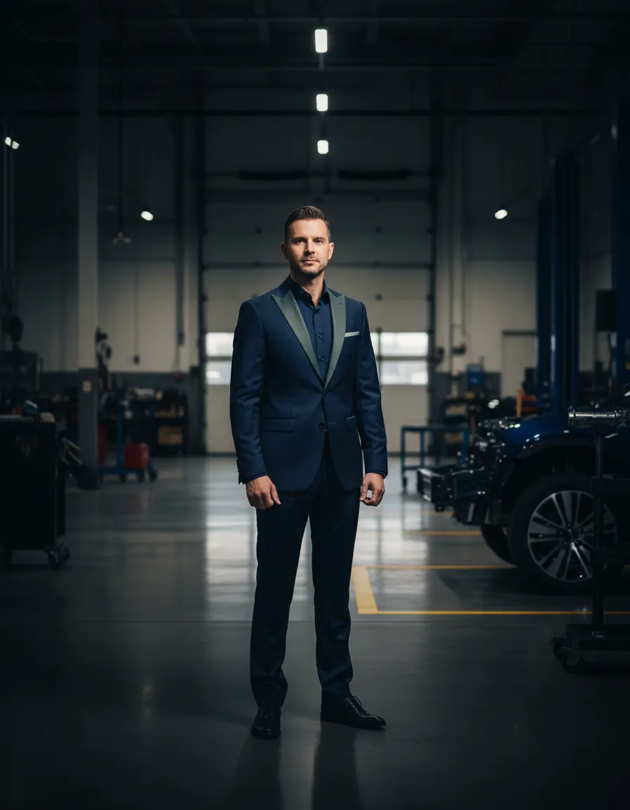 Executive dealer principal standing confidently in a modern dealership service bay