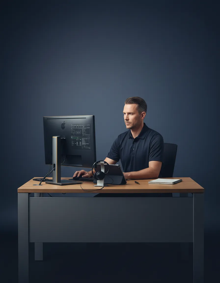 Dealership advisor at a modern desk looking at a screen