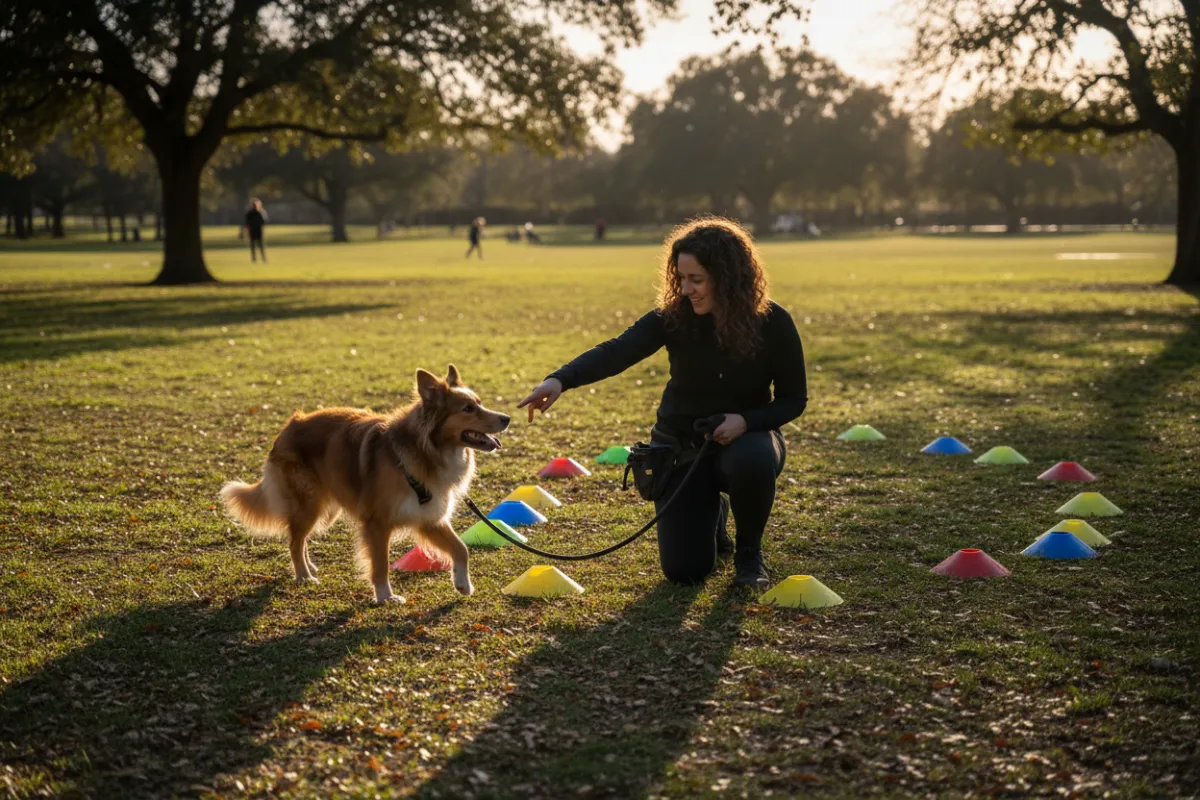 Dog training session at Seabrook Canine Studio demonstrating calm focus