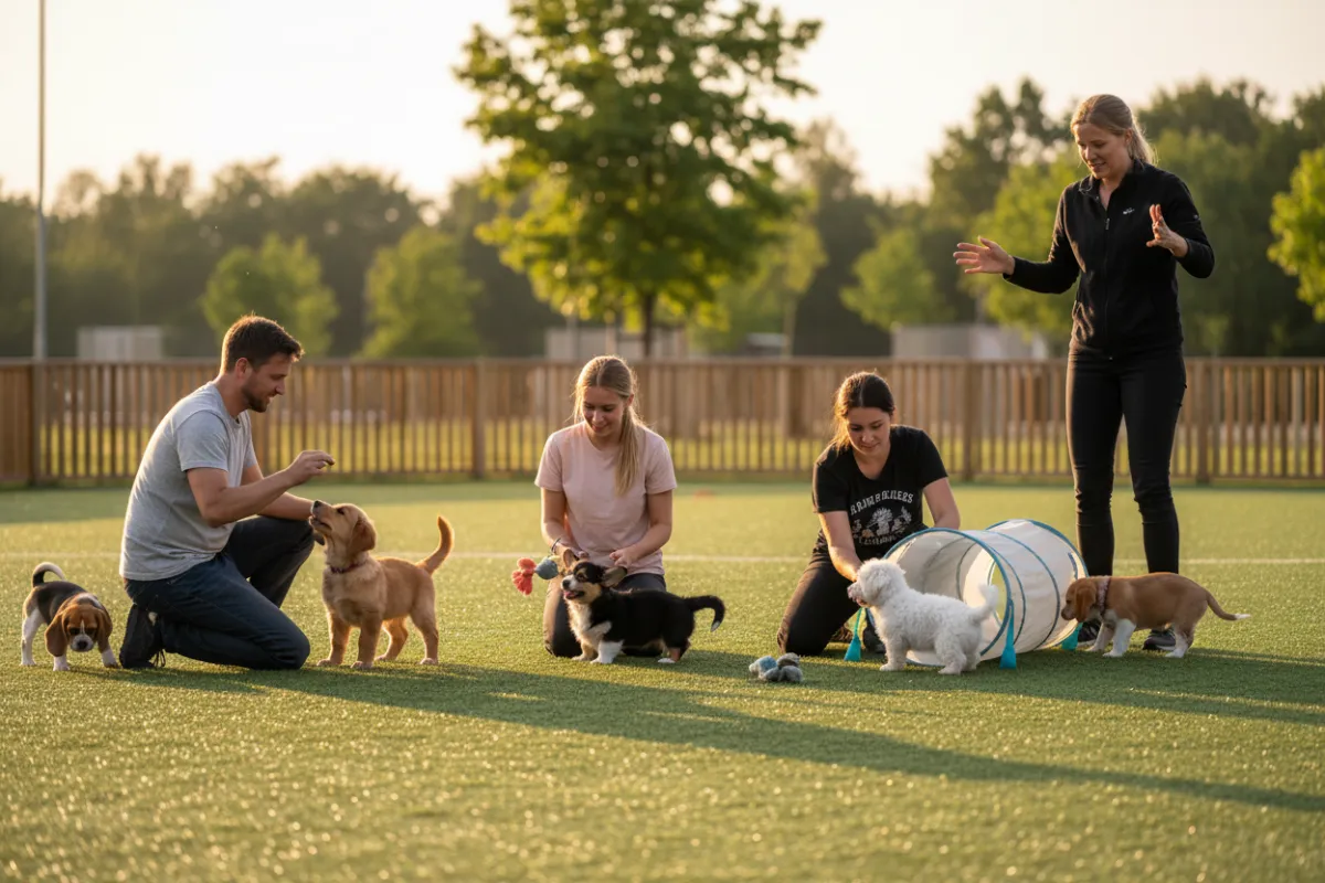 Small puppy training class outdoors on soft turf with handlers and puppies practicing engagement games.