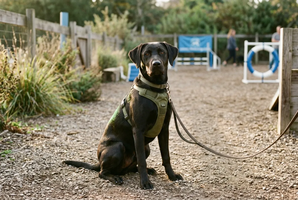 Attentive adolescent dog learning focus and loose lead manners in Bristol