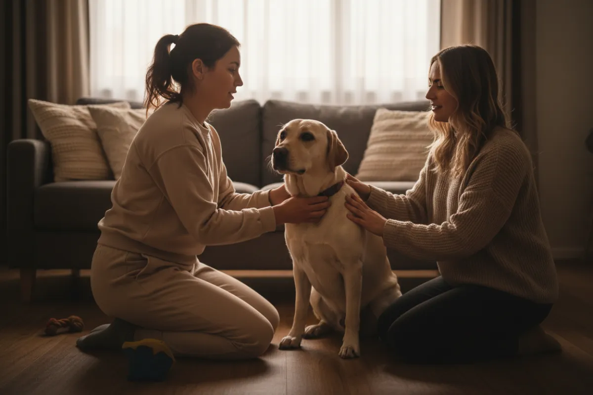 Trainer conducting a private in-home session with a calm Labrador mix