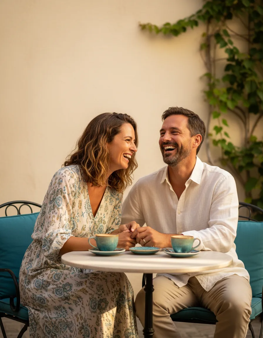 Parents actively conversing and laughing together in a warm, sunlit setting