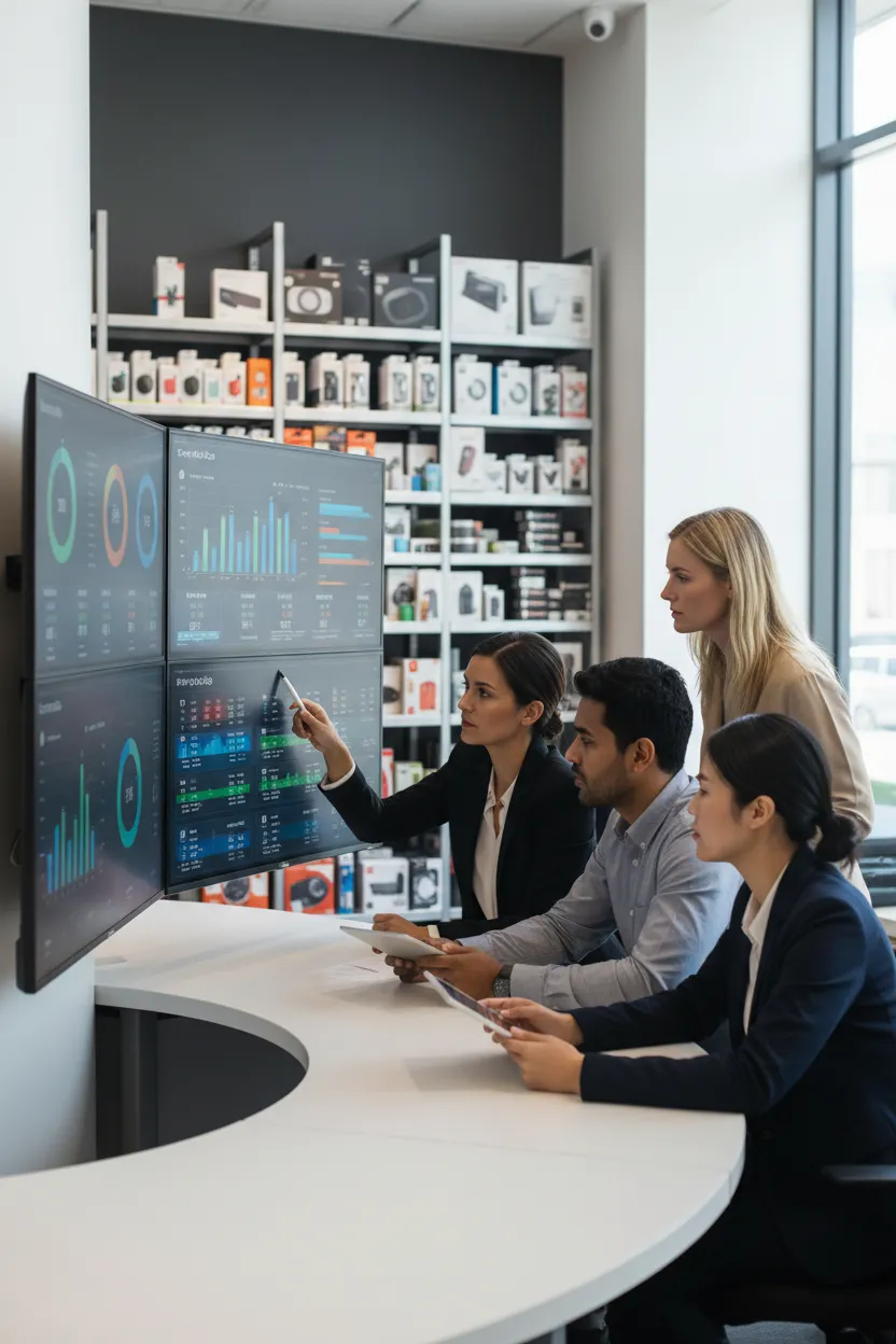 A diverse team of retail managers analyzing digital dashboards in a modern store office.