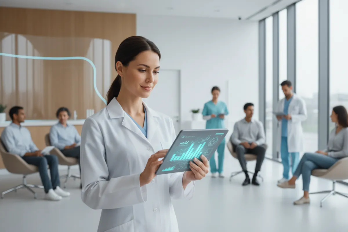 A photorealistic image of a healthcare professional reviewing predictive analytics on a tablet, with patients and medical staff in the background. The setting is a contemporary clinic, emphasizing advanced technology, patient care, and the positive impact of AI in healthcare.