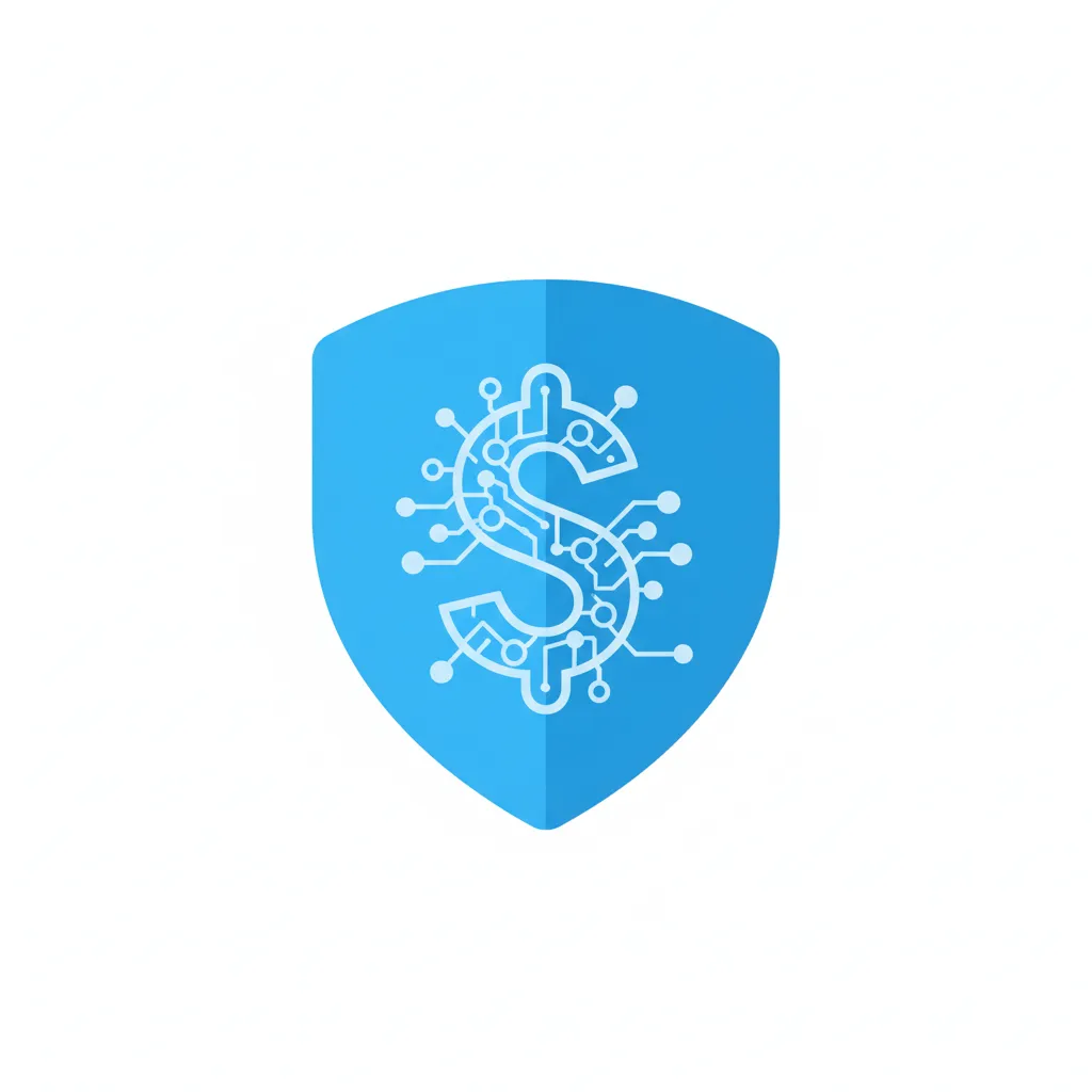 A flat icon for finance: a stylized blue shield with a digital dollar sign, set on a white background. The icon conveys security, trust, and the application of AI in financial services.