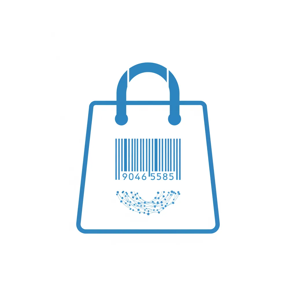 A flat icon for retail: a blue shopping bag with a digital barcode, placed on a white background. The icon represents AI-driven retail innovation and customer engagement.