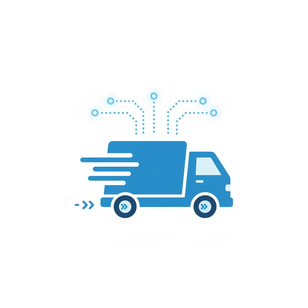 A flat icon for logistics: a blue delivery truck with digital route lines, set on a white background. The icon highlights efficiency and technology in supply chain management.