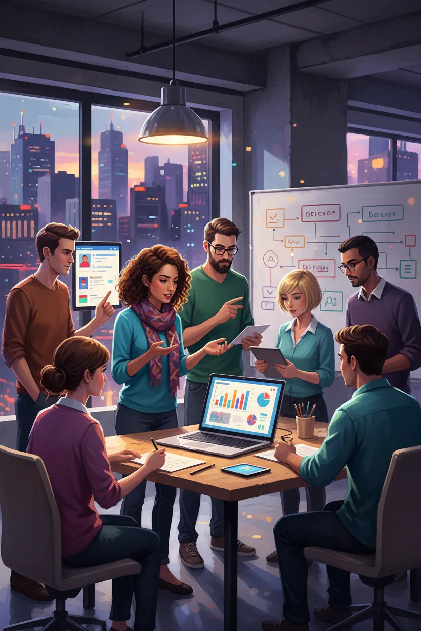 Marketer analyzing campaign metrics on laptop, urban workspace, diverse team, energetic atmosphere, vertical format