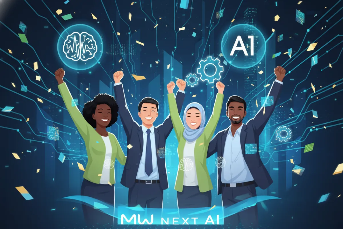 A conceptual illustration of a diverse group of professionals celebrating a successful project, with digital confetti and AI-themed graphics in the background. The scene is energetic and optimistic, symbolizing achievement and the positive impact of MW Next AI.