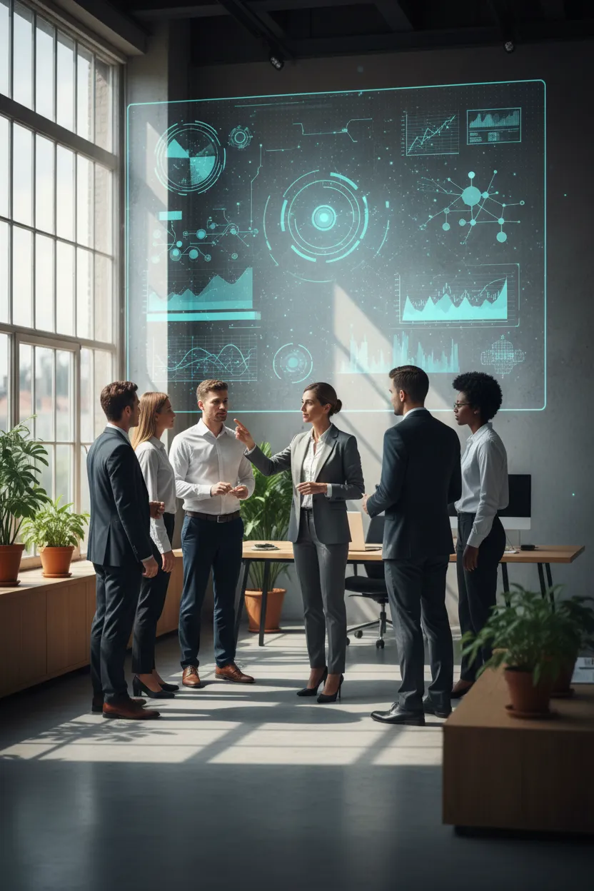 Business leader reviewing AI-driven analytics dashboard, modern office, diverse team, professional attire, vertical composition