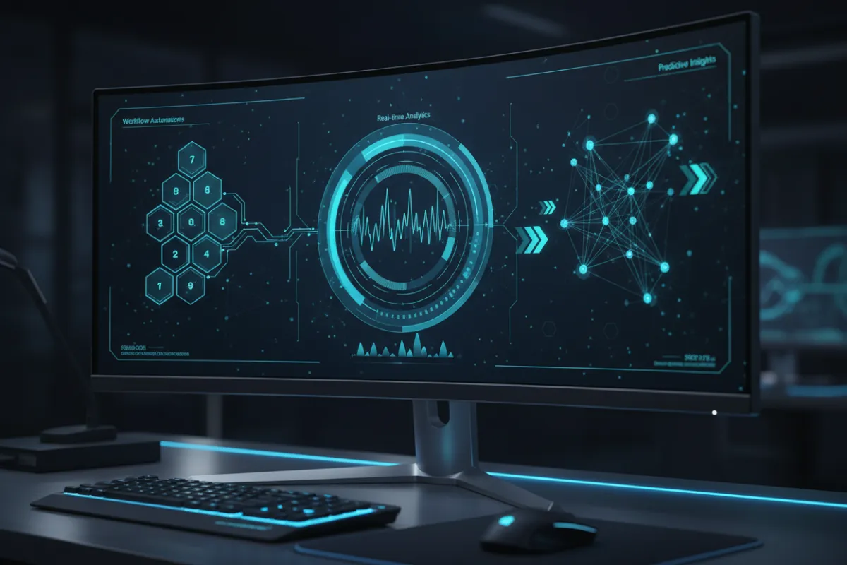 A close-up of a futuristic AI dashboard displaying real-time analytics, workflow automations, and predictive insights. The interface is sleek, with blue and teal highlights, and is viewed on a high-resolution monitor in a professional workspace. 3:2 aspect ratio.
