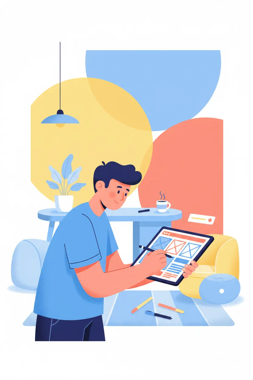 Designer sketching website wireframes on tablet, creative studio, bright colors, young professional, vertical layout