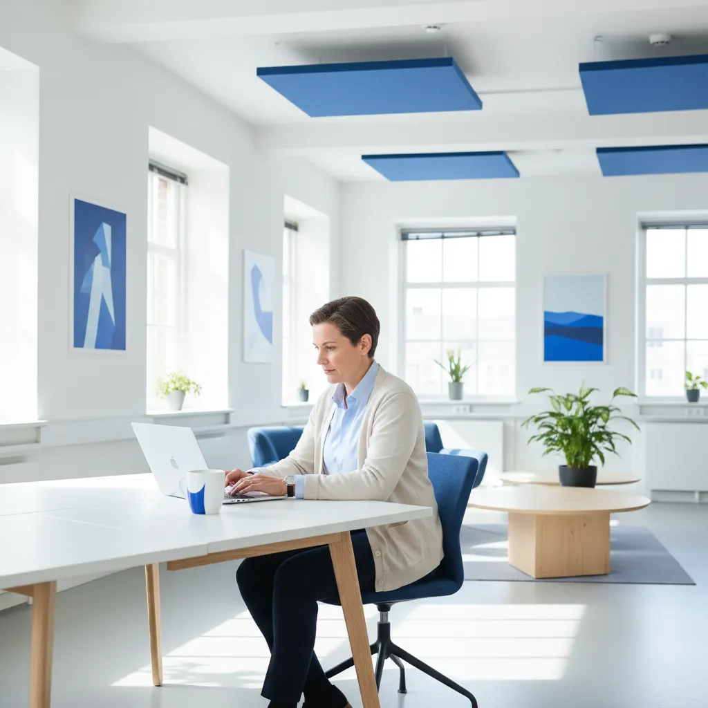An editorial photo of a professional checking emails on a laptop in a bright, open office. The person is mid-30s, wearing business casual, with a coffee mug nearby. The setting is modern, with blue and white tones, reflecting MW NEXT AI's brand.
