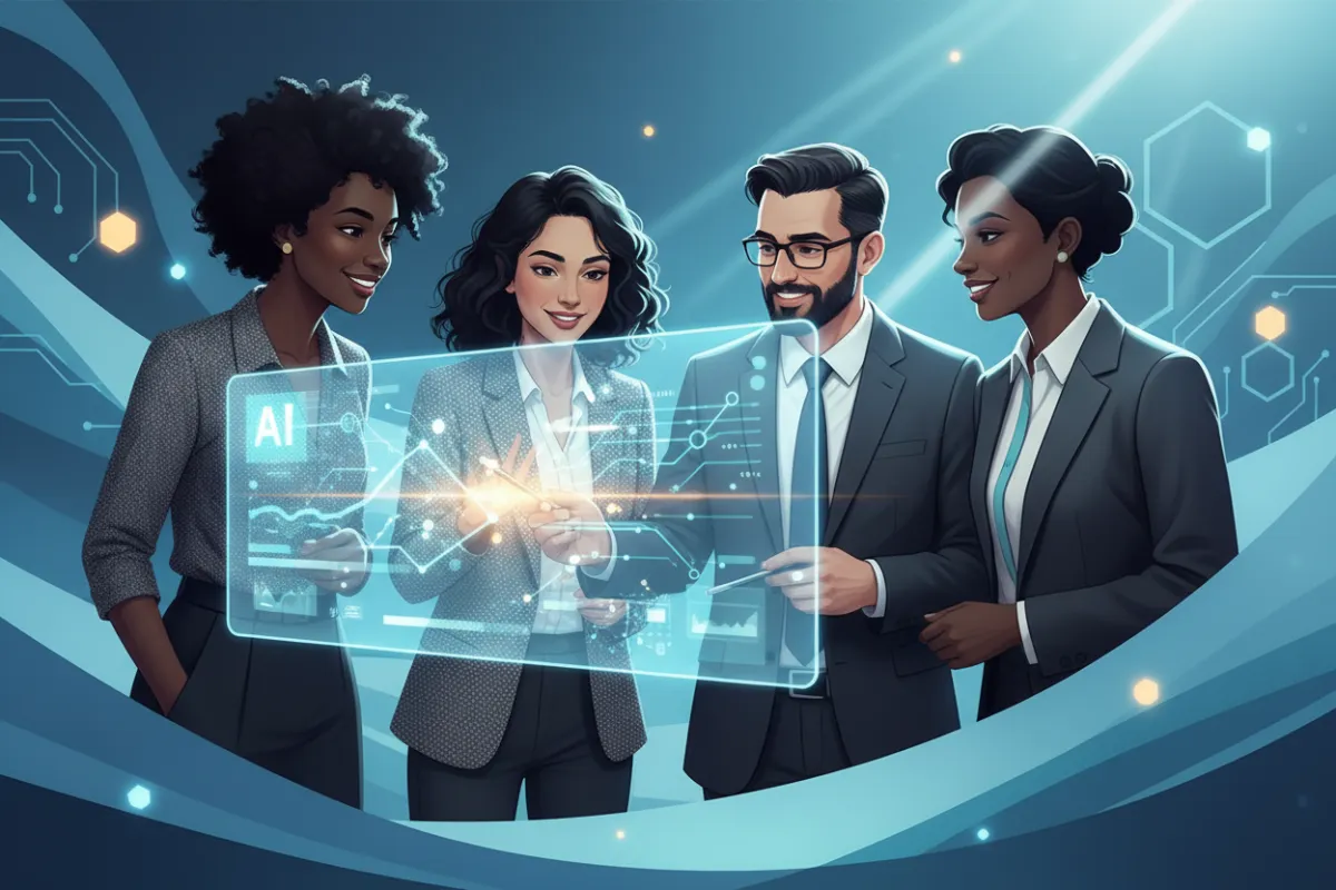 A vibrant digital illustration showing a diverse group of professionals in a modern office, collaborating around a large interactive AI display. The background features abstract blue and teal gradients, echoing MW NEXT AI's brand palette, with subtle tech motifs and a sense of dynamic teamwork.