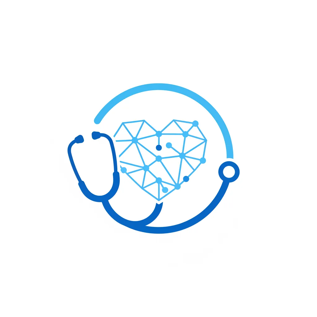 A flat icon representing healthcare: a blue stethoscope intertwined with a digital heart, set against a white background. The design is clean and modern, symbolizing the integration of technology and medical care.