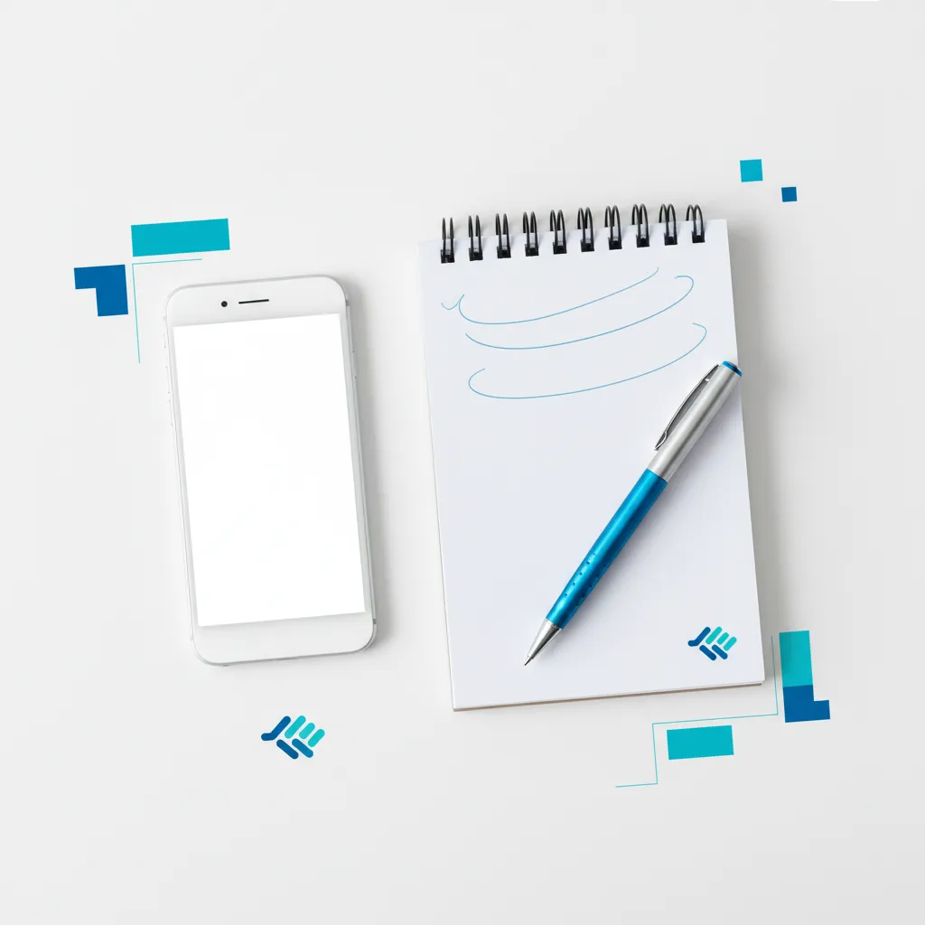 A flat lay photo of a workspace featuring a smartphone, a notepad with handwritten notes, and a branded MW NEXT AI pen. The background is a clean white desk, with blue and teal accents, suggesting accessibility and readiness to connect.
