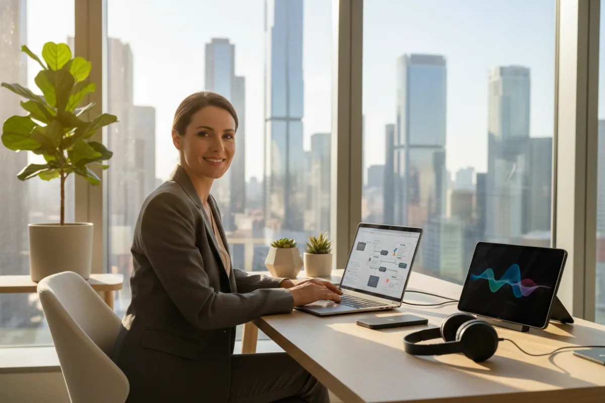 A businesswoman in her early 30s, sitting at a modern desk, confidently setting up an AI workflow on her laptop. The workspace is bright, with plants and tech gadgets, and a large window showing a cityscape. She is focused and smiling, ready to begin. 3:2 aspect ratio.