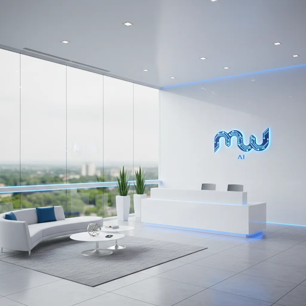 A crisp, minimalist photo of a modern office reception area with a glass wall, blue accent lighting, and a sleek MW NEXT AI logo on the wall. The space is bright, with a welcoming atmosphere and subtle tech-inspired decor, conveying professionalism and approachability.