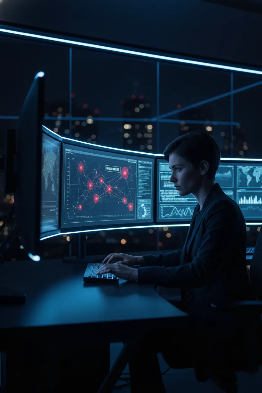 A fintech analyst reviewing fraud alerts on multiple monitors in a high-tech operations center.