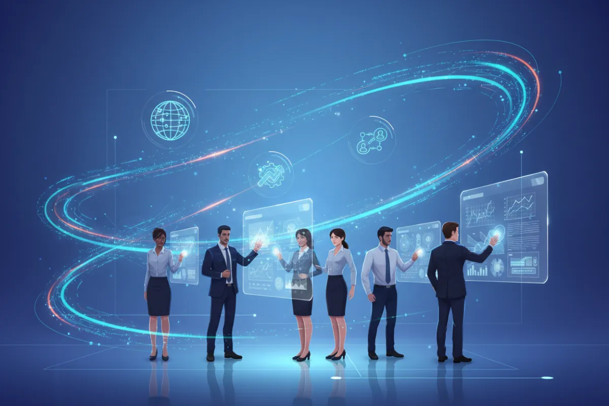 A dynamic, abstract digital interface with glowing AI data streams, floating business icons, and a blue gradient background. The composition features a diverse group of professionals interacting with holographic screens, symbolizing innovation and collaboration in a modern, high-tech style.