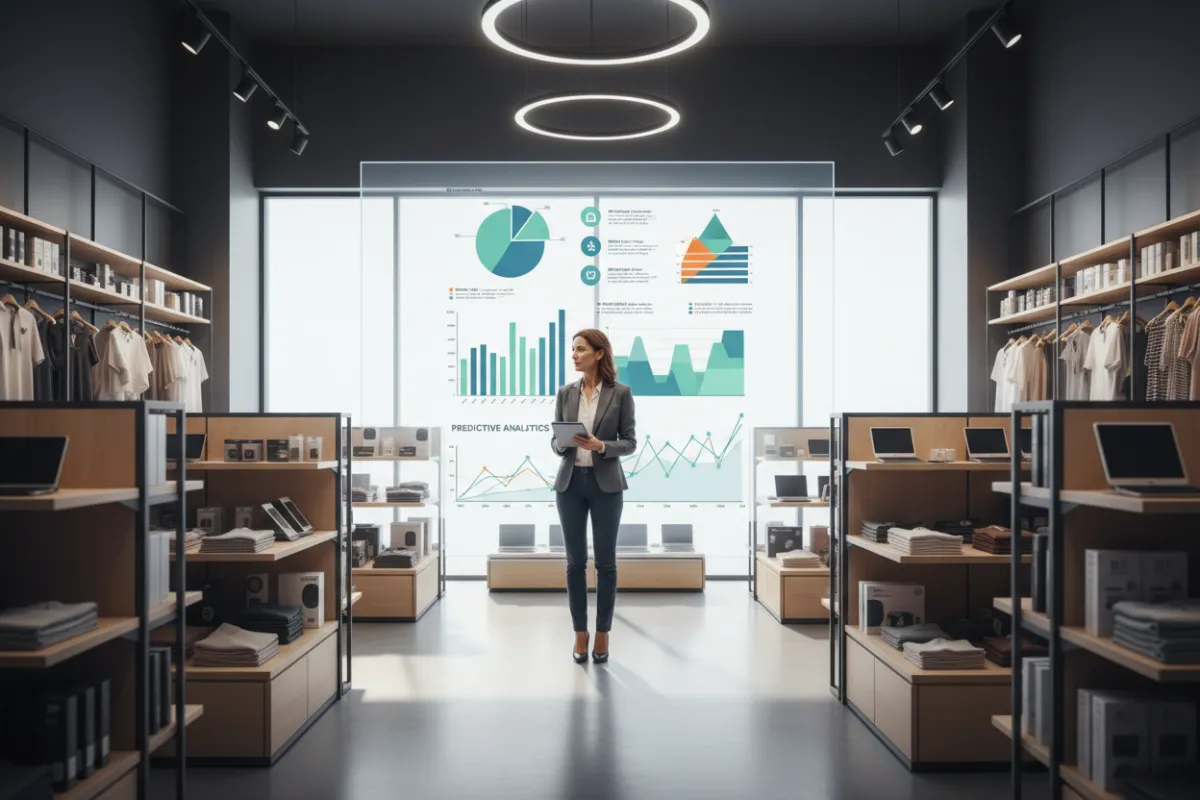 A photorealistic image of a retail manager analyzing AI-driven dashboards on a large screen, surrounded by shelves of products in a bright, modern store. The scene highlights technology integration and data-driven decision-making, with a focus on retail innovation and efficiency.