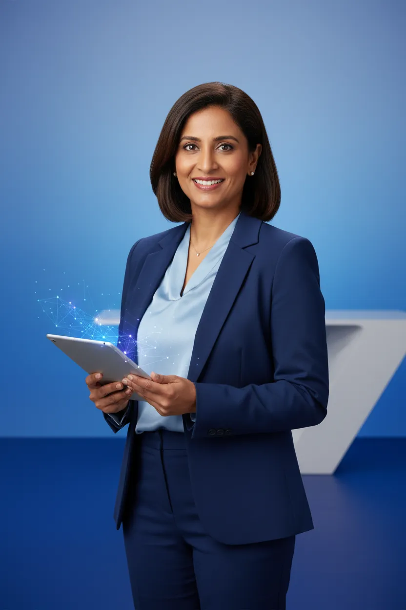 A studio portrait of a professional AI consultant, mid-30s, South Asian woman, wearing business attire, smiling confidently while holding a digital tablet. The background is a soft gradient blue, and the setting is a modern office, conveying approachability and expertise.