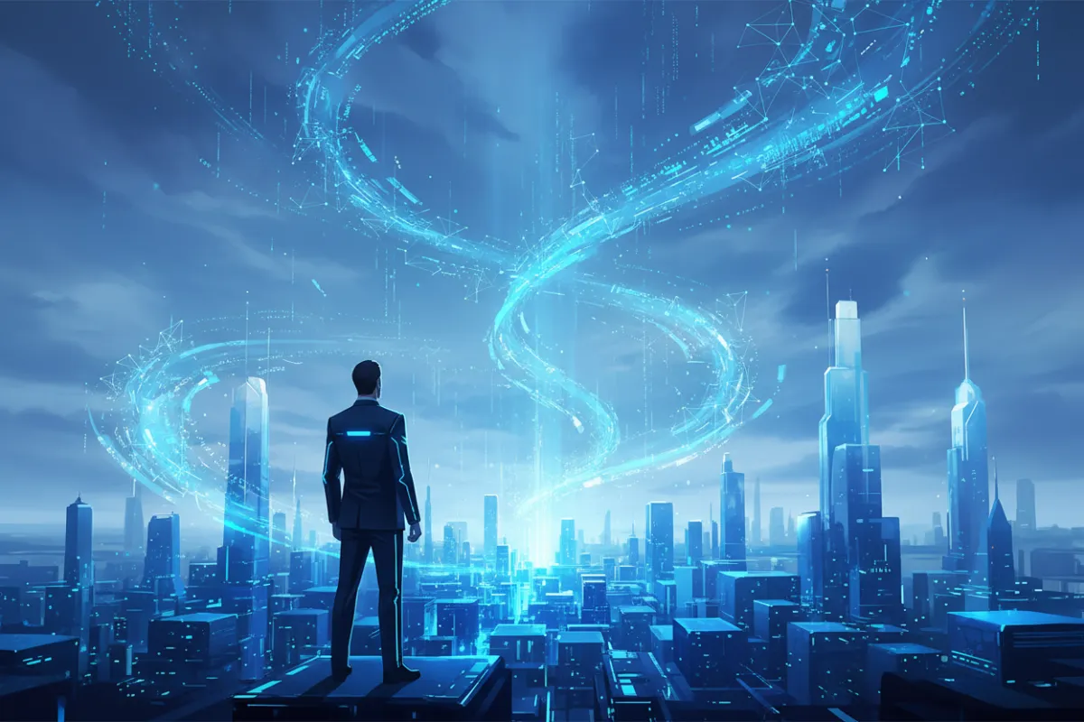 A conceptual digital artwork showing a business leader standing at the edge of a glowing, futuristic cityscape, with AI-inspired holographic data streams rising into the sky. The scene is vibrant, with blue and teal tones, symbolizing innovation and forward momentum.