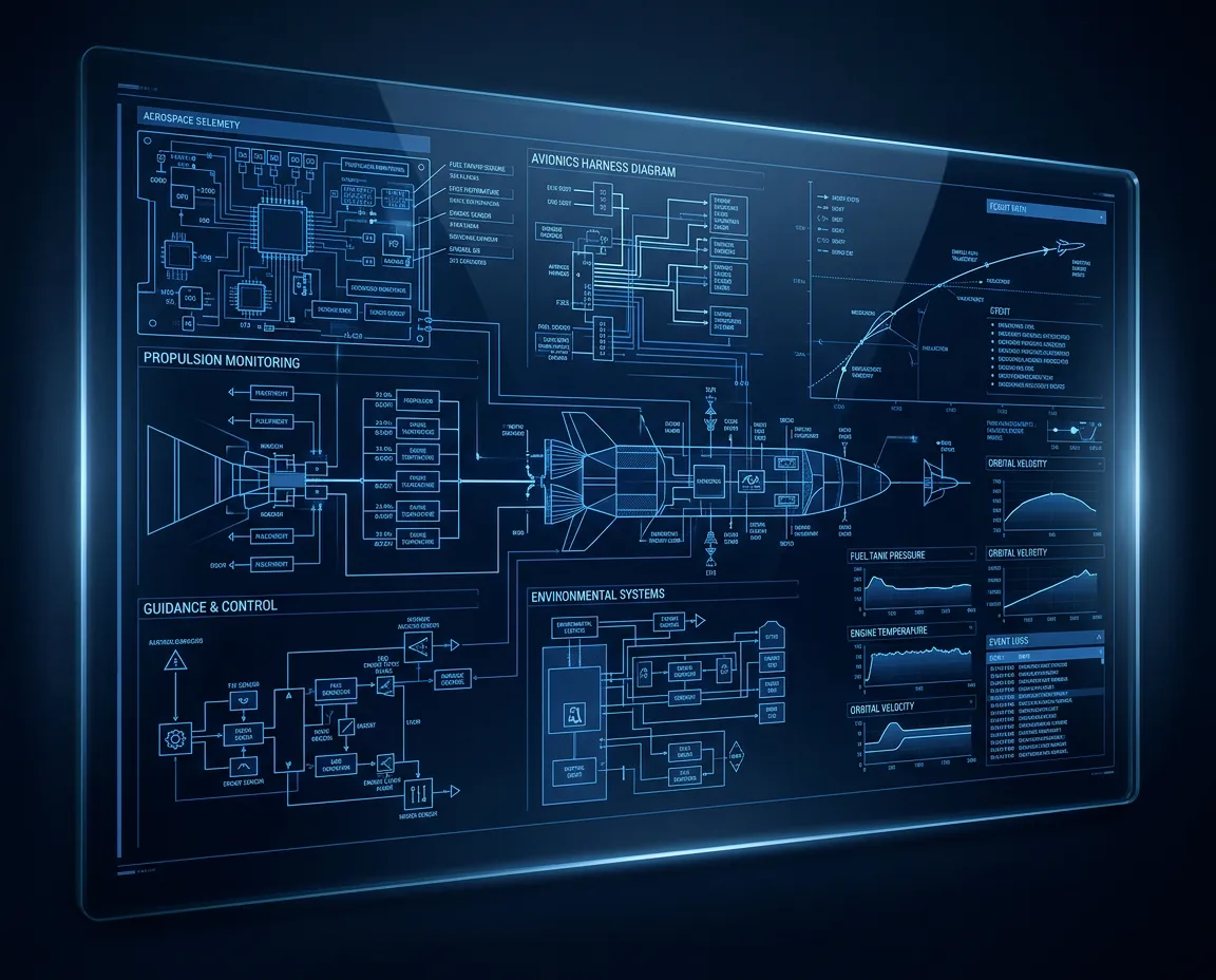 Technical telemetry schematic and aerospace systems diagram on dark digital cockpit display