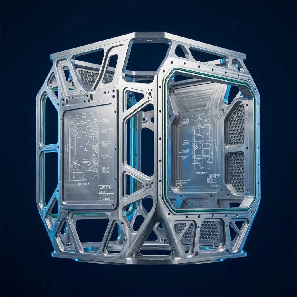 Technical blueprint schematic overlaying a precision-machined structural satellite chassis