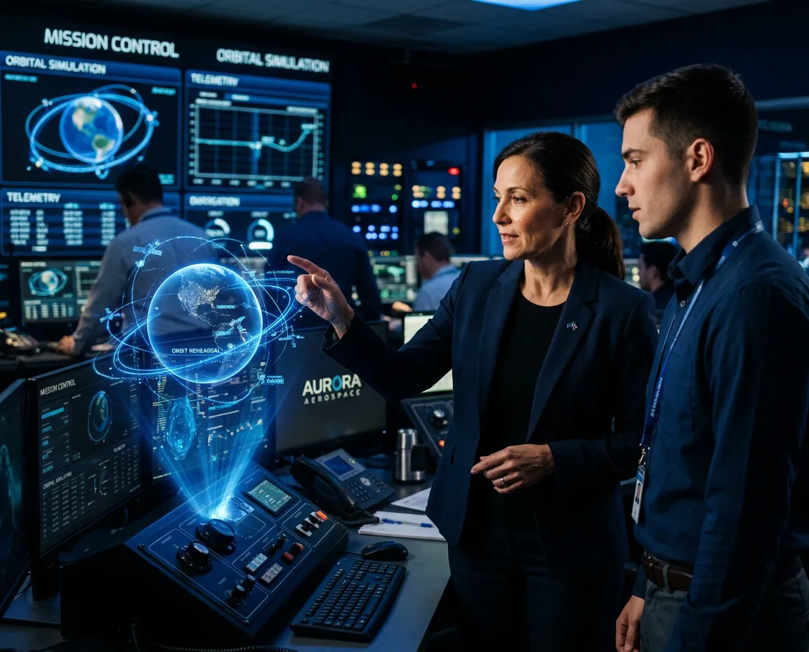 Aerospace executive mentor guiding an engineer in mission control simulation room with blue ambient lighting