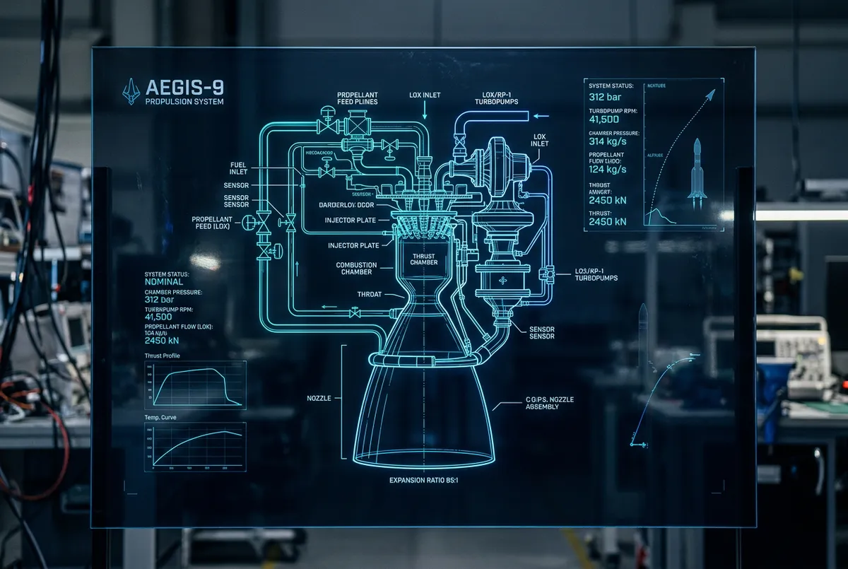 Technical propulsion blueprint and telemetry overlay schematic