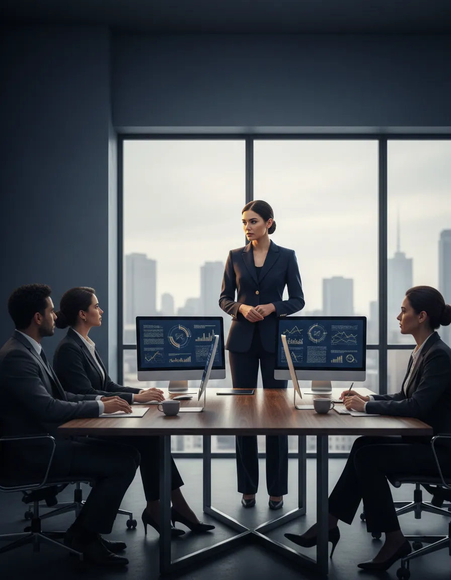 Executive leadership team meeting in a modern corporate boardroom.