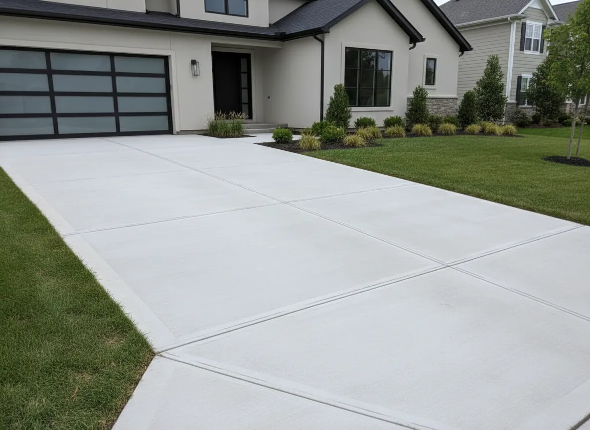 New concrete driveway in front of residential home