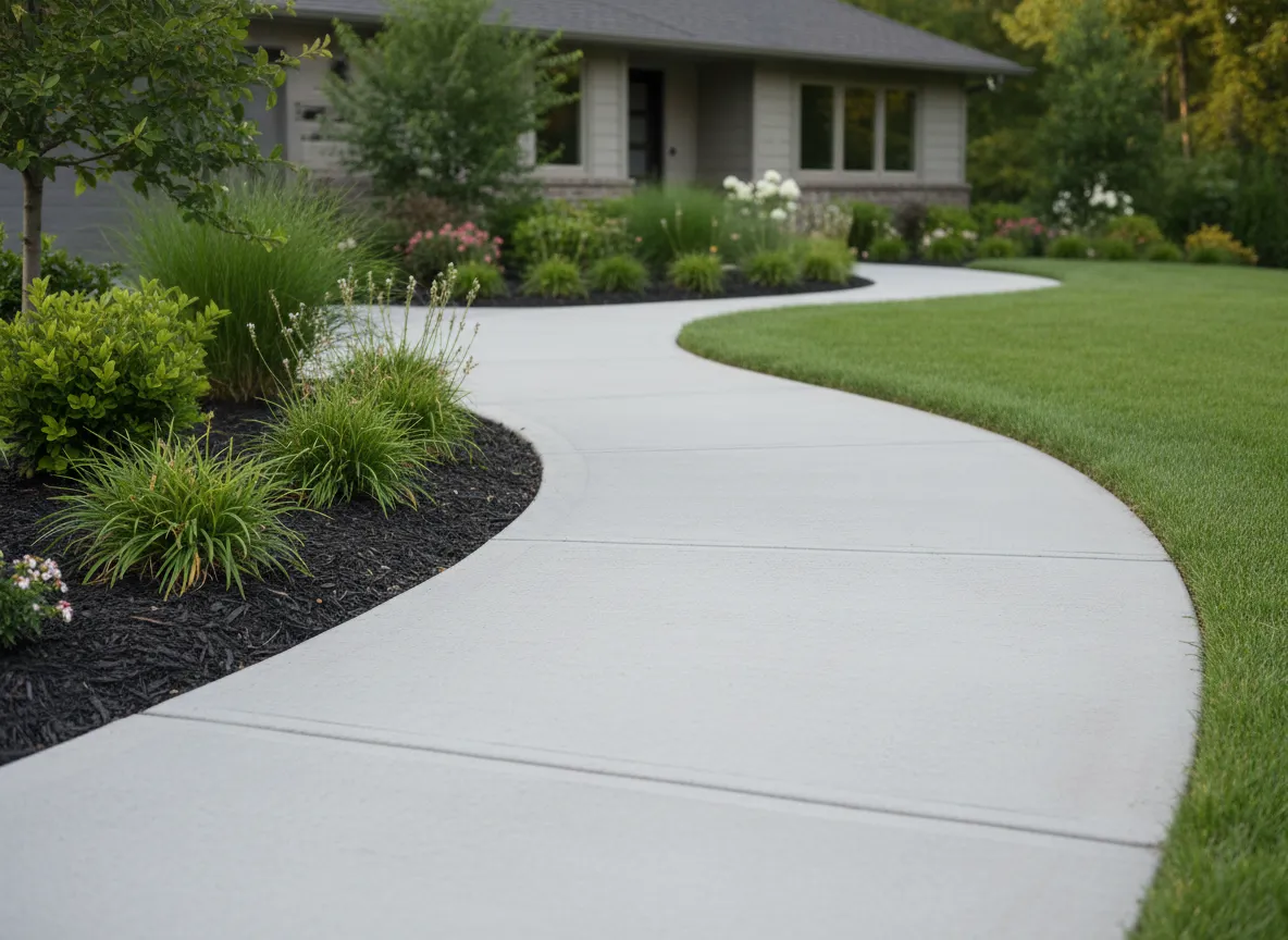 Concrete walkway leading through landscaped yard